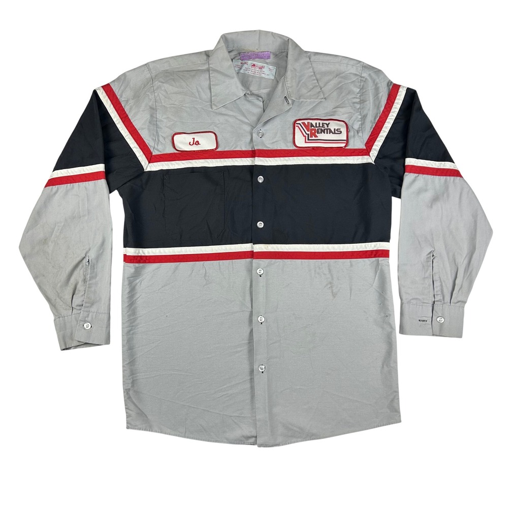 Vintage‎ Red Kap Valley Rentals Work Shirt Mens Medium Grey Black Red Patch Jo